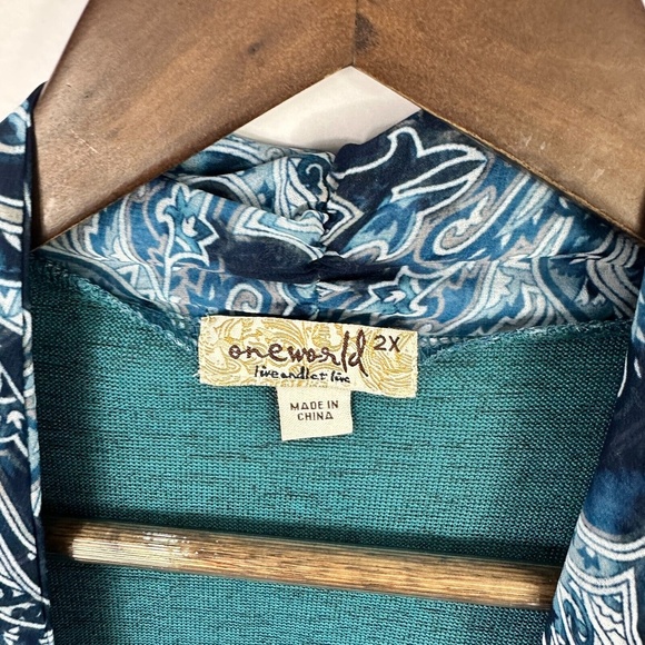 OneWorld Cardigan Women 2X Blue Paisley Trim Boho Open Front Long‎ Sleeve Artsy - Picture 2 of 7